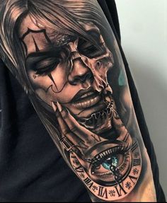 a man's arm with a clock and face tattoo on it