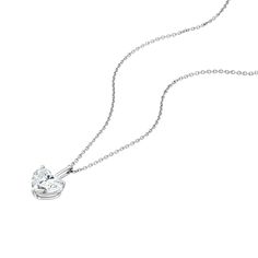 A minimalist diamond necklace that's anything but typical, this gorgeously crafted classic solitaire pendant features a bold heart-shaped lab-grown diamond set on a 3-prong mount and separated from the white gold chain by a solid bar. This necklace can be worn at 16-18 inch. White Gold Heart Necklace With Prong Setting, White Heart Cut Necklace With Prong Setting, White Heart Pendant Necklace With Prong Setting, Classic White Diamond Heart Necklace, Classic White Diamond Cut Heart Necklace, Classic White Gold Heart Necklace With Diamond, Classic Cubic Zirconia Solitaire Necklace With Heart Pendant, Classic White Gold Heart Necklace With Single Diamond, Classic Round Cut Heart Necklace For Formal Occasions