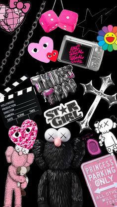 a bunch of stuff that is on a black background with pink and purple items in it