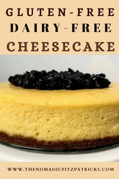 there is a cheesecake with raisins on top and the words gluten - free dairy - free cheesecake above it