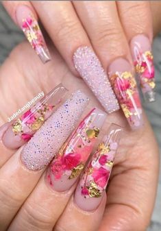 Encapsulated Nails Flowers, Nails Flowers, Encapsulated Nails, Square Nail, Romantic Nails, Floral Nail Designs, Acrylic Coffin, Nail Idea