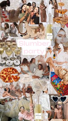 a collage of photos with people and food on them, including pizzas, drinks, and champagne