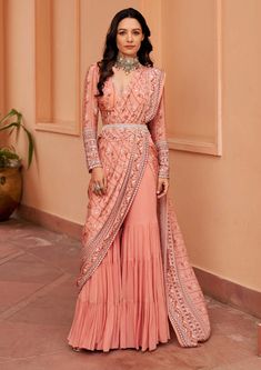 Chhavvi Aggarwal-Peach Sharara Sari Set-INDIASPOPUP.COM Sharara Saree Fashion Styles, Latest Ethnic Dresses Indian 2024, Sharara Kurti Designs Latest, Fusion Dresses For Women, Latest Wedding Outfits For Women, Latest Traditional Indian Wear For Women, Latest Sharara Designs Party Wear, Sharara With Blouse, Sharara Designs Party Wear