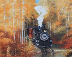 an oil painting of a train traveling through the woods with trees in fall colors behind it