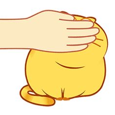 a person's hand on top of a small yellow cat that is sitting down