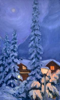 a painting of snow covered trees in front of a house and street light at night