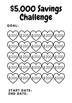 the $ 5, 000 savings challenge is shown in black and white with hearts on it