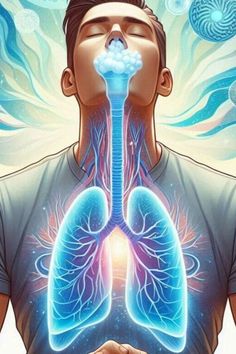 a man is holding his hands in front of him and the lungs are glowing blue