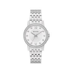 The Crystal women's watch from Bulova is a picture of modern elegance. The watch features a three-hand quartz movement, genuine hand-set crystals on the mother-of-pearl dial and bezel, and a silver-tone 32 mm stainless steel case. Click on this JEWELRY & WATCHES GUIDE to learn about fit, styles, materials and more!The Crystal women's watch from Bulova is a picture of modern elegance. The watch features a three-hand quartz movement, genuine hand-set crystals on the mother-of-pearl dial and bezel, Timeless Diamond Watch With Metal Dial For Anniversary, Classic Round Diamond Analog Watch, Classic Analog Diamond Watch, Timeless Diamond Watch For Anniversary, Anniversary Diamond Watch With Metal Dial, White Gold Diamond Watch With Analog Round Dial, Analog Diamond Watch In White Gold, White Gold Analog Diamond Watch With Round Dial, White Gold Diamond Watch With Analog Display