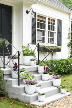 some potted plants are sitting on the steps in front of a white house with black shutters