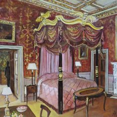 a painting of a bedroom with pink and gold decor