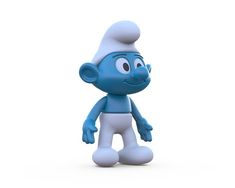 a blue cartoon character standing in front of a white background