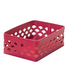 a red plastic basket with holes in the middle and sides, on a white background