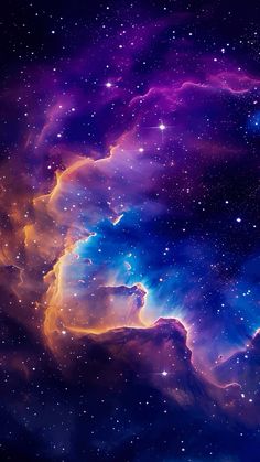 an image of the sky with stars and clouds in purple, blue and yellow colors