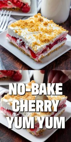 no bake cherry yum yum dessert on a white plate