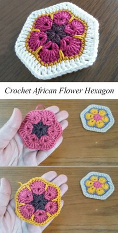 the crochet african flower hexagon is shown in three different colors and sizes