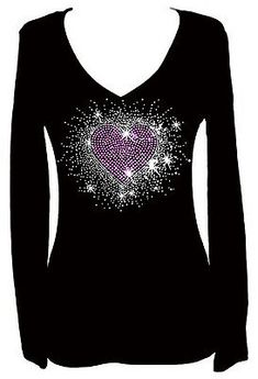 Top Rated ALL RHINESTONE PINK HEART BURST VALENTINE V NECK LONG SLEEVE BLING TEE SHIRT, Women's Tops Fashion 2024, Wet Seal, Women's Tops, Fashion Tops, Pink Heart, Top Rated, Womens Clothing Tops, Tee Shirt, Tee Shirts