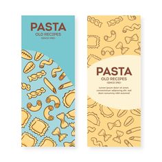 two vertical banners with pasta and other food items on the front, side and back