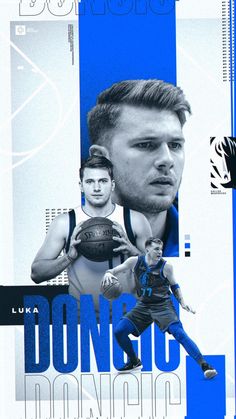 a man holding a basketball on top of a blue and white poster with the words don't stop dancing