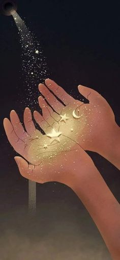 two hands are holding something that is falling out of the sky with stars in it