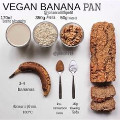 ingredients for vegan banana bread laid out on top of a white background with text