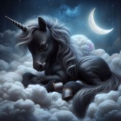 a black unicorn laying in the clouds with a crescent moon behind it