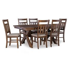 a wooden dining table with six chairs and one chair up against the table, in front of a white background