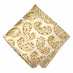 This gold special purchase pocket square is available while supplies last. The gold paisley design is accented with Lurex threads for a shiny metallic look. Perfect for formal wear or a night out. The pocket square is one sided and measures 10-inches by 10-inches. Product Features • Measures 10" by 10" • One sided with finished edges • Color is gold• Made from 100% Polyester• One sided • Imported Elegant Gold Handkerchiefs As Gift, Elegant Gold Handkerchiefs For Gift, Classic Gold Pocket Square As Gift, Elegant Gold Pocket Square For Formal Occasions, Gold Paisley, Black Bow Tie, Metallic Look, Tuxedo Jacket, Color Swatch