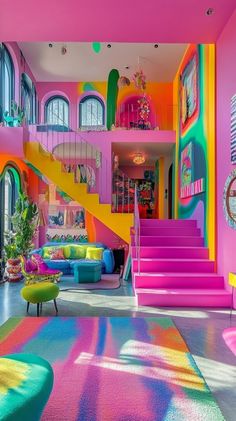 a brightly colored living room with stairs leading up to the second floor