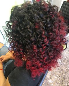 Red Tips On Brown Hair Curly, Black Curly Hair With Red Streaks, Curly Red Hair Dyed Highlights, Short Curly Hair With Red Highlights, Curly Hair With Red Tips, Dyed Ends Curly Hair, Black Hair Red Highlights Curly, Red Underdye Hair Curly