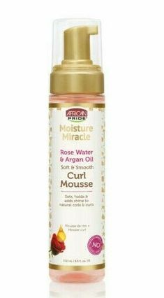 African Pride Moisture Miracle  Rose Water & Argan Oil CURL MOUSSE 8.5 oz   . Product Description: African Pride Moisture Miracle Rose Water & Argan Oil Curl Mousse is lightweight foam blend of rose water and argan oil made to condition hair while adding body, control and a flexible hold. Leaves natural styles defined, frizz-free and soft. Soft & Smooth Sets, hold & adds shine to natural coils & curls Rose Water : Softens and helps to repair hair's porosity Argan Oil : Adds natural shine and smo African Pride Moisture Miracle, Moisture Miracle, Curl Mousse, African American Hair Care, Condition Hair, Best Hair Care Products, Body Control, Natural Hair Care Tips, Hair Porosity