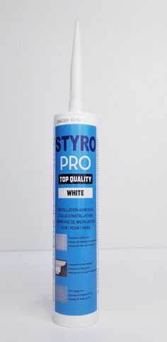 a bottle of styrro pro top quality white adhesiver on a white background