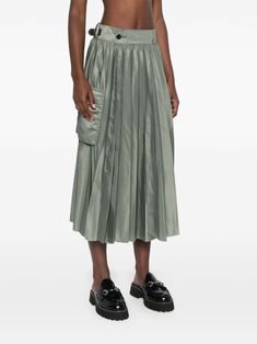 Find SACAI Pleated Midi Skirt on Editorialist. sage green satin finish fully pleated high-waisted off-centre front button fastening two side cargo pockets mid-length straight hem Midi Skirt Green, Yoko London, Green Satin, Pleated Midi Skirt, Exclusive Fashion, Green Skirt, Ski Wear, Lady Dior, Coat Dress