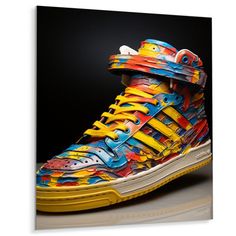 a pair of colorful sneakers with yellow laces on the top and bottom, against a black background