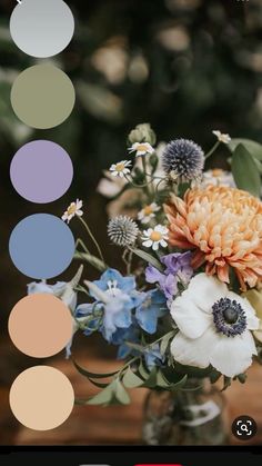 a vase filled with lots of flowers on top of a wooden table next to a color wheel