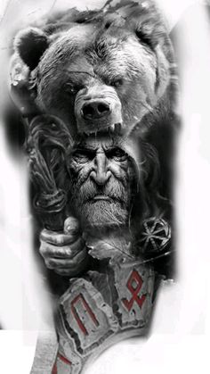 a black and white photo of a bear with a man's face on it