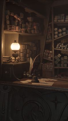 an old fashioned desk in a dark room with lots of items on the shelves and floor