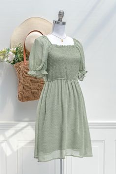 Aesthetic Dresses - Gathering Sage Cottagecore Dress Sage Green Knee Length Dress, French Style Clothing, French Inspired Fashion, Neckline Details, Cottagecore Dresses, Short Green Dress, Sage Green Dress, Autumn School Outfit, Autumn Wardrobe