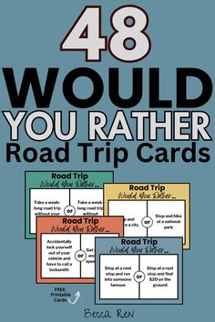 four road trip cards with the words 48 would you rather know? and an arrow pointing to