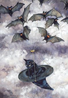 a black cat flying in the sky with bats attached to it