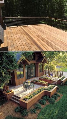 two pictures side by side of a wooden deck and an outdoor patio with seating area