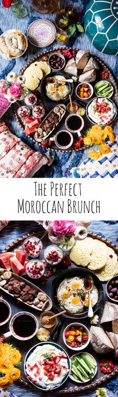 the perfect moroccan brunch is on display in front of other plates and bowls