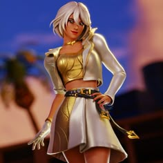 an animated woman dressed in gold and silver with her hands on her hips, posing for the camera