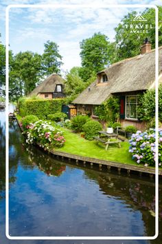 a river running through a lush green forest filled with flowers next to a small village