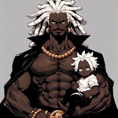 an anime character with white hair holding a baby in his arms and the other hand on his hip