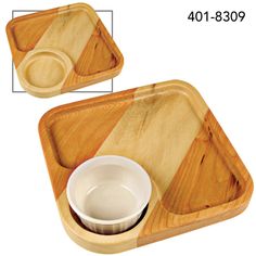 two wooden trays with one empty and the other half full, both have white dishes in them