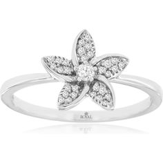 Royal 14K White Gold Diamond Flower Motif Ladies' Ring with 0.14 Carat Central Diamond and Accentuating Diamonds Luxury Rings With Intricate Design In Diamond White, Elegant Flower Ring With Diamond Cluster, Elegant Cluster Flower Ring With Diamond Accents, White Gold Diamond Ring With Flower Accents, Elegant Flower-shaped Diamond Ring With Brilliant Cut, Elegant Flower Shaped Diamond Ring With Brilliant Cut, Elegant Cluster Flower Ring With Brilliant Cut, White Gold Diamond Ring With Flower Shape, White Gold Flower Diamond Ring Fine Jewelry