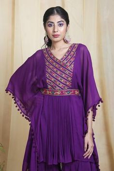 Shop for Miku Kumar Purple Georgette Embroidered Kurta Gharara Set for Women Online at Aza Fashions Traditional Purple Kaftan For Festive Occasions, Traditional Purple Kaftan For Weddings, Traditional Purple Maxi Length Sets, Bohemian Sharara With Dori Work For Eid, Bohemian Dori Work Sharara For Eid, Traditional Floor-length Purple Palazzo Set, Traditional Purple Floor-length Palazzo Set, Purple Kaftan For Eid Wedding, Festive Purple Kaftan For Wedding