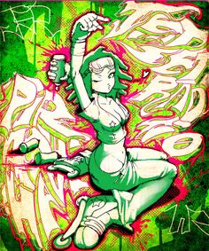 a drawing of a woman dancing with graffiti on the wall behind her, in green and pink