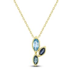 Shimmer in shades of blue with this mesmerizing gemstone necklace. 14K yellow goldThe pendant features three marquise-cut natural gemstones: Swiss blue topaz, London blue topaz and blue sapphire16- to 18-inch adjustable cable chain with lobster clasp Elegant Multi-stone Blue Necklace, Elegant Multi-stone Blue Necklaces, Elegant Blue Multi-stone Necklaces, Elegant Blue Multi-stone Necklace, Blue Multi-stone Necklaces For Formal Occasions, Formal Blue Multi-stone Necklaces, Blue Topaz Fine Jewelry Necklace, Fine Blue Topaz Necklace In Blue, Blue Topaz Gemstone Necklace